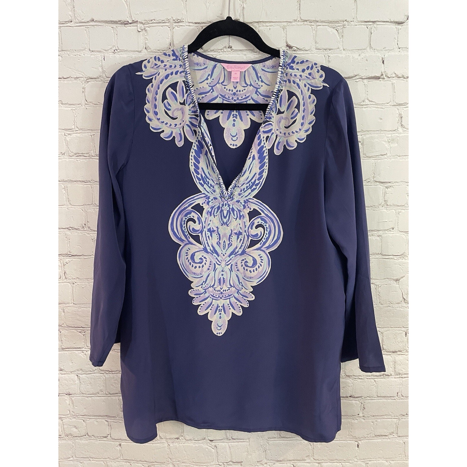 Lilly Pulitzer Renato Silk Ikat Tunic Medium Beaded Navy Long Sleeve